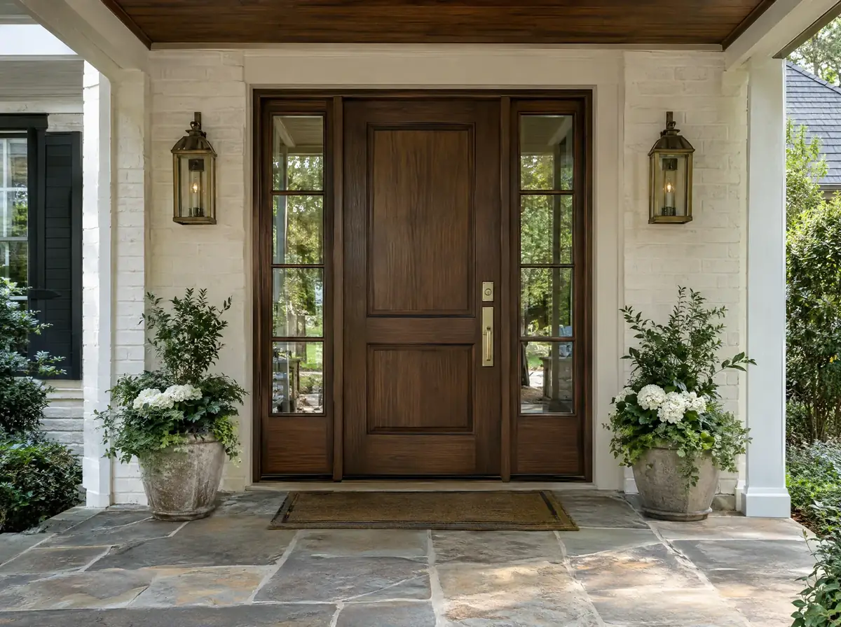 Walnut-stained front entry door with modern hardware