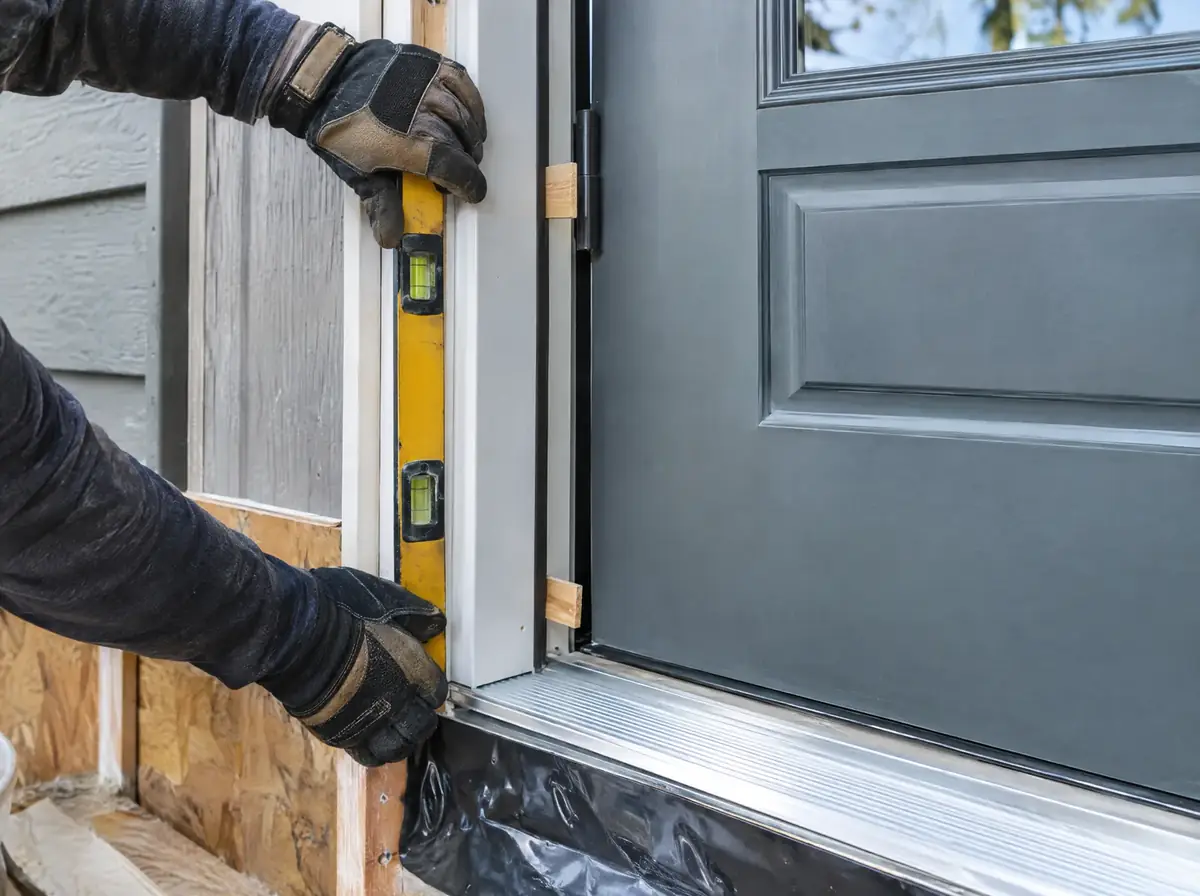 Installer fitting a new exterior door frame