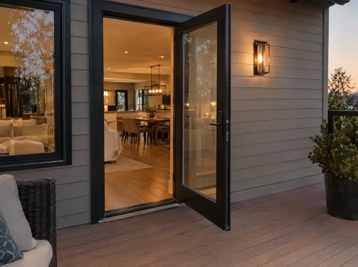 Patio door opening to a backyard