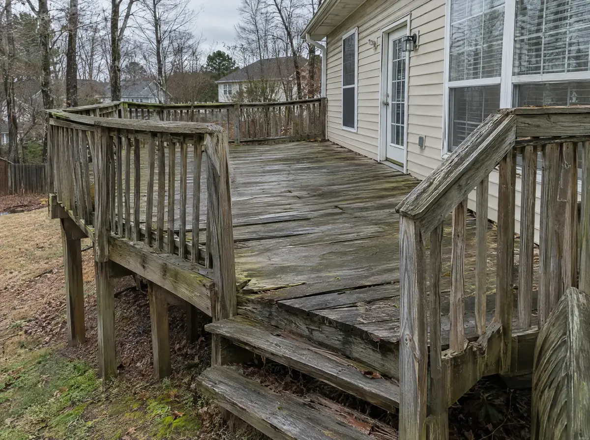 Deck before replacement, showing aged and weathered decking