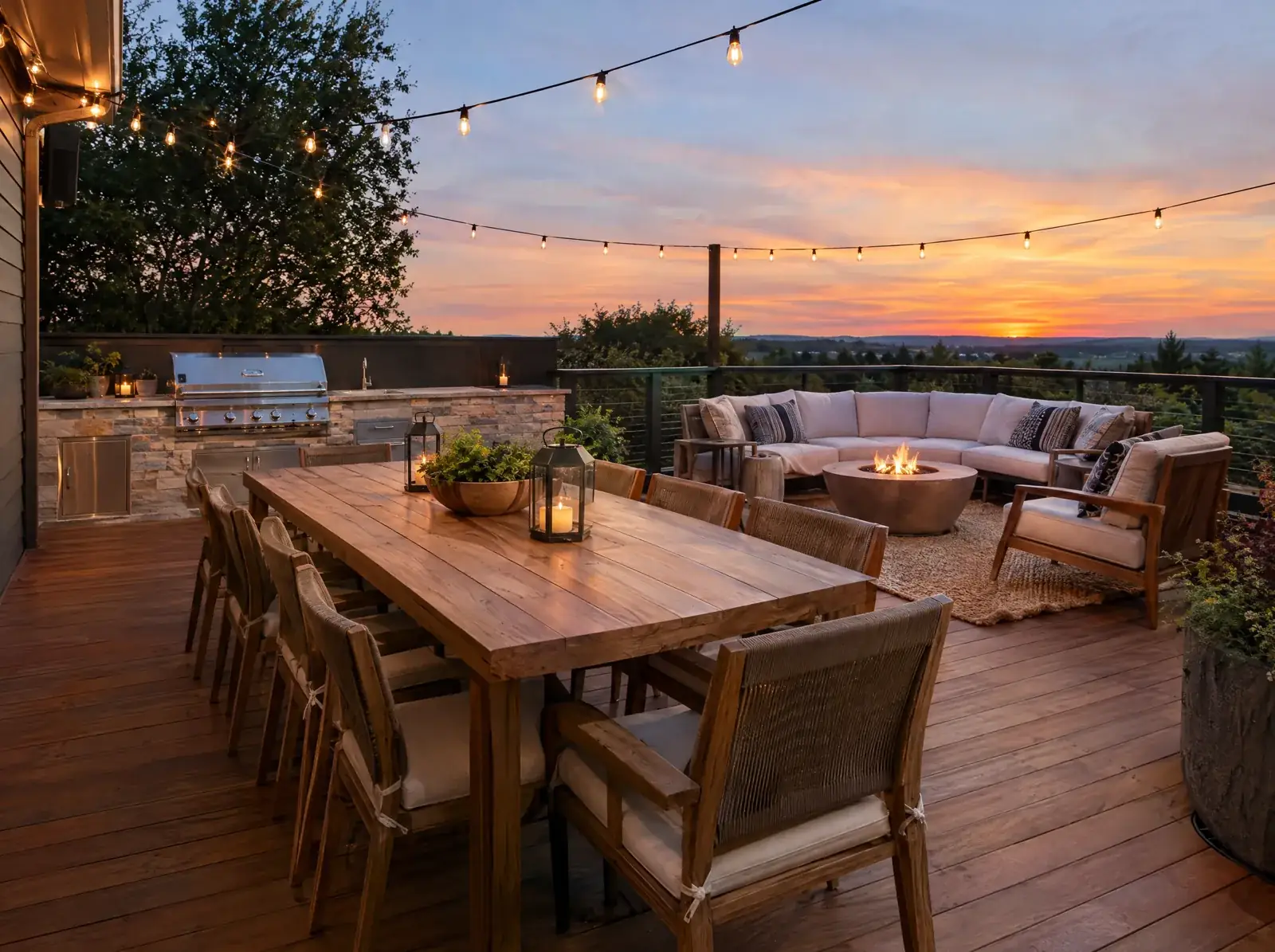 Deck set up for outdoor dining and lounging at sunset