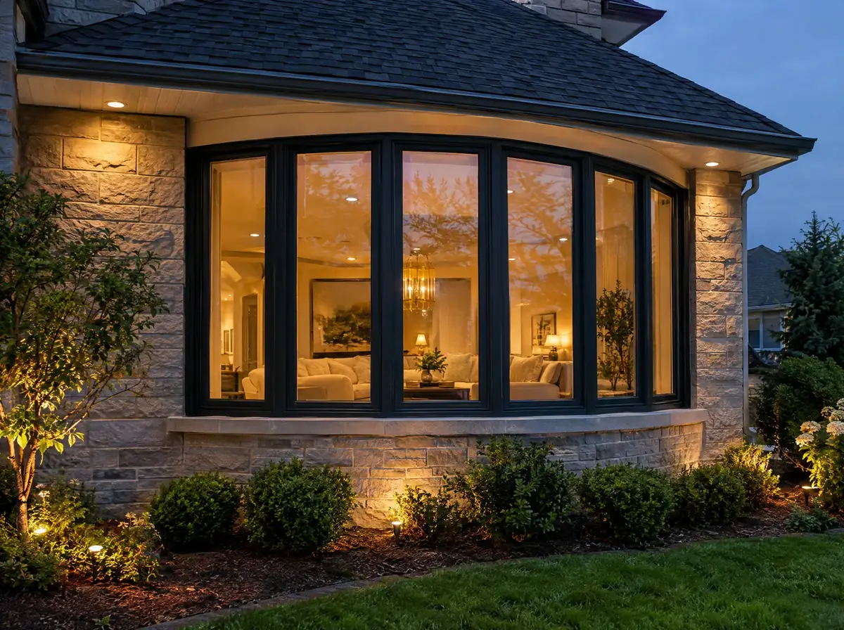 Curved bow window on a stone home exterior