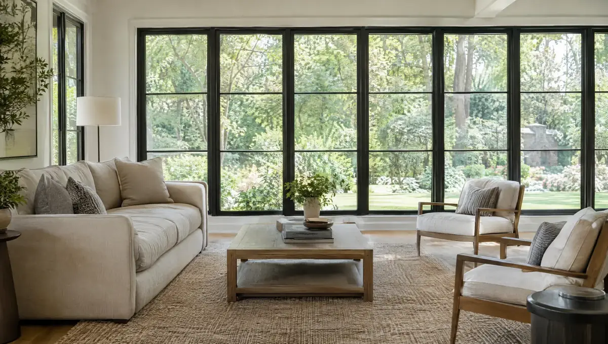Large fixed windows framing a garden view