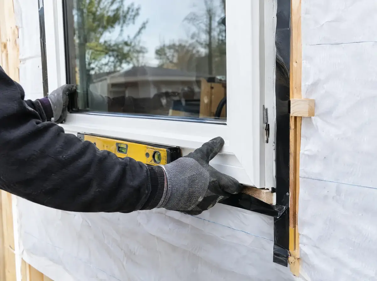 Installer leveling a new window frame