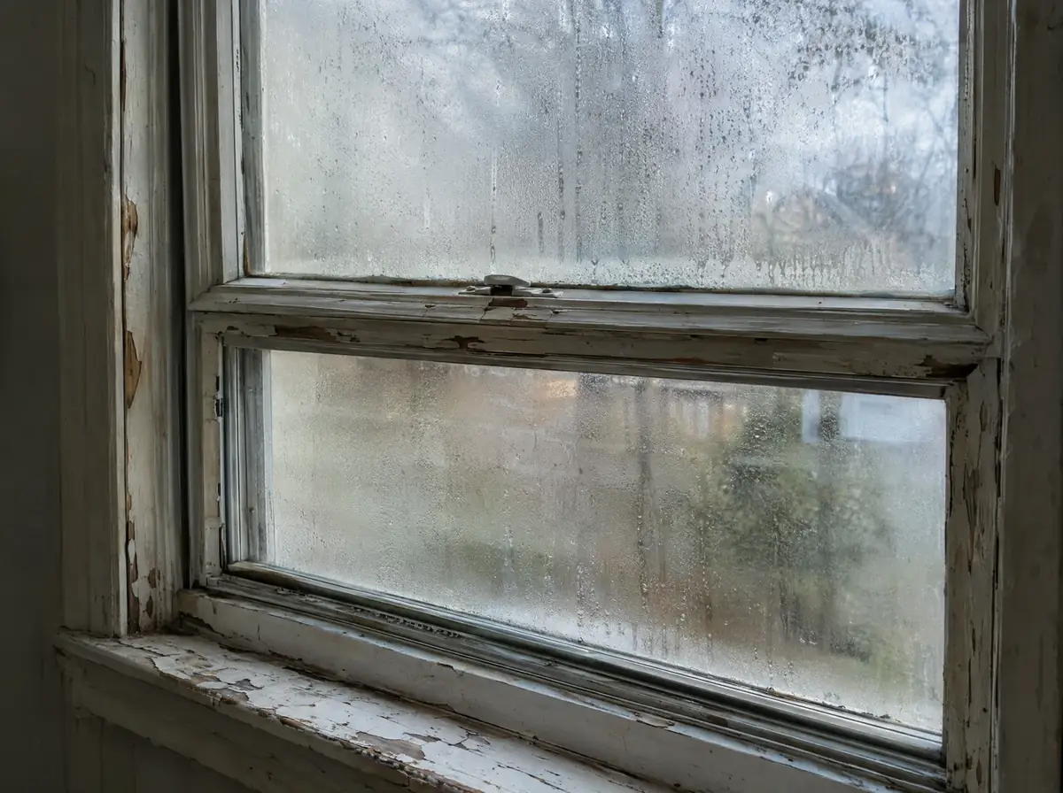 Old window with fogged glass and peeling paint