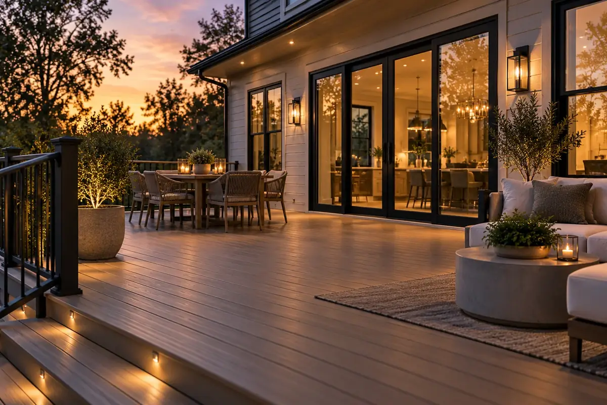 Composite deck with cable railing and outdoor dining at dusk