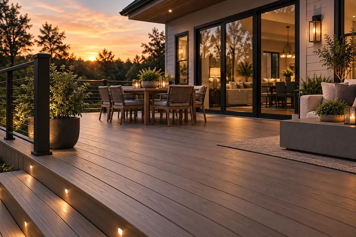 Composite deck with cable railing at sunset