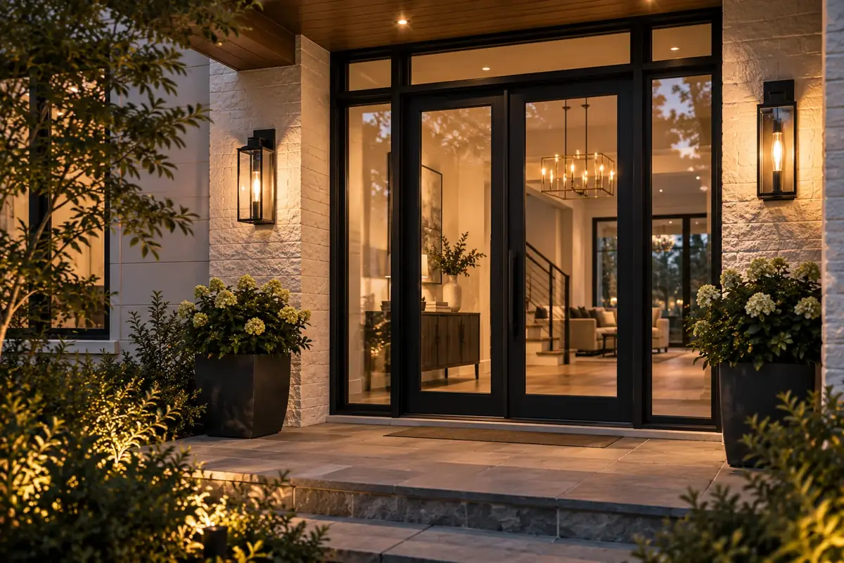 Black front entry door with sidelights at dusk