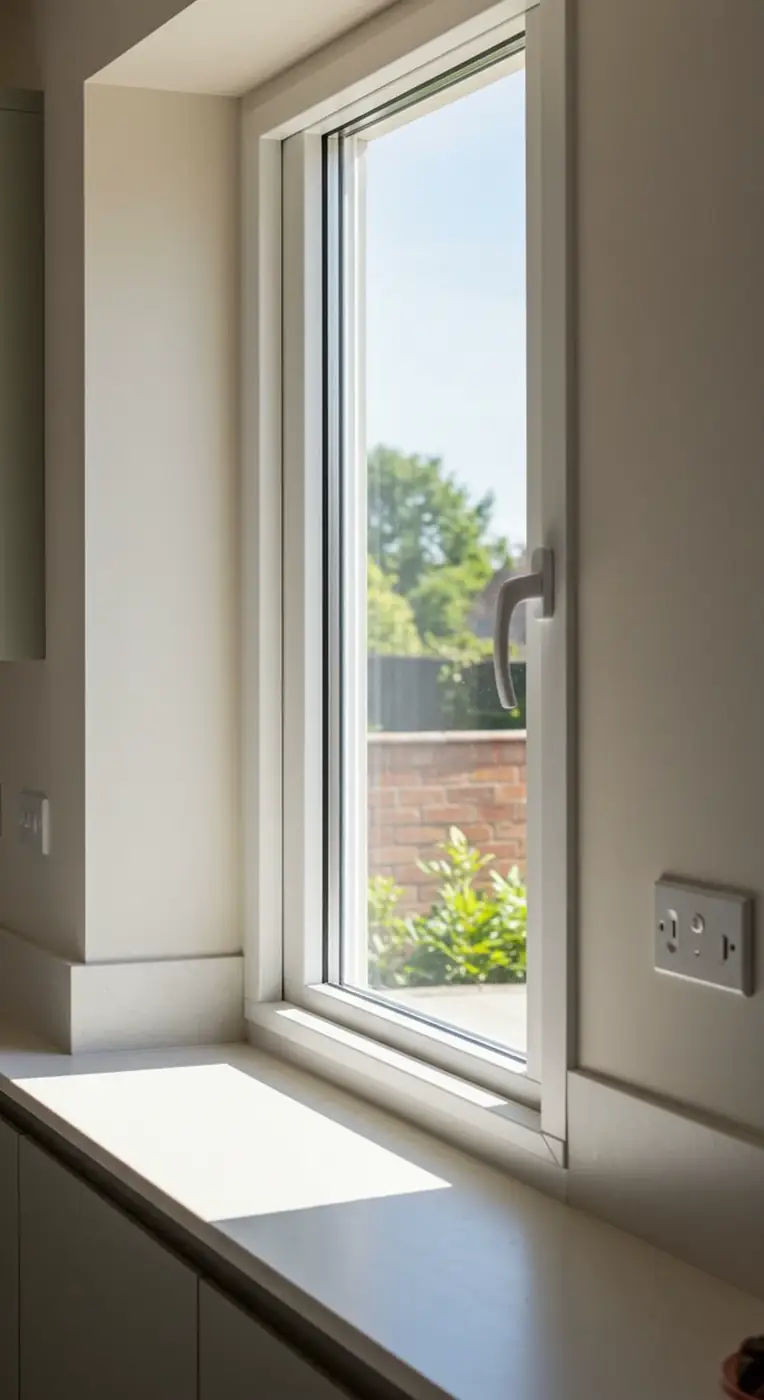Tall replacement window with sunlight on a white sill
