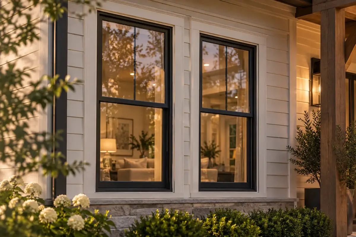 Pair of black-framed double-hung windows on a home exterior at dusk