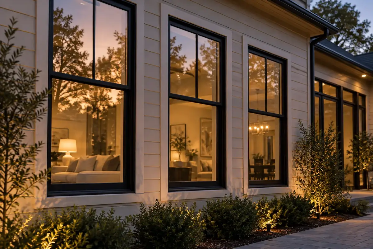 New black-framed windows on a Metro Atlanta home at dusk